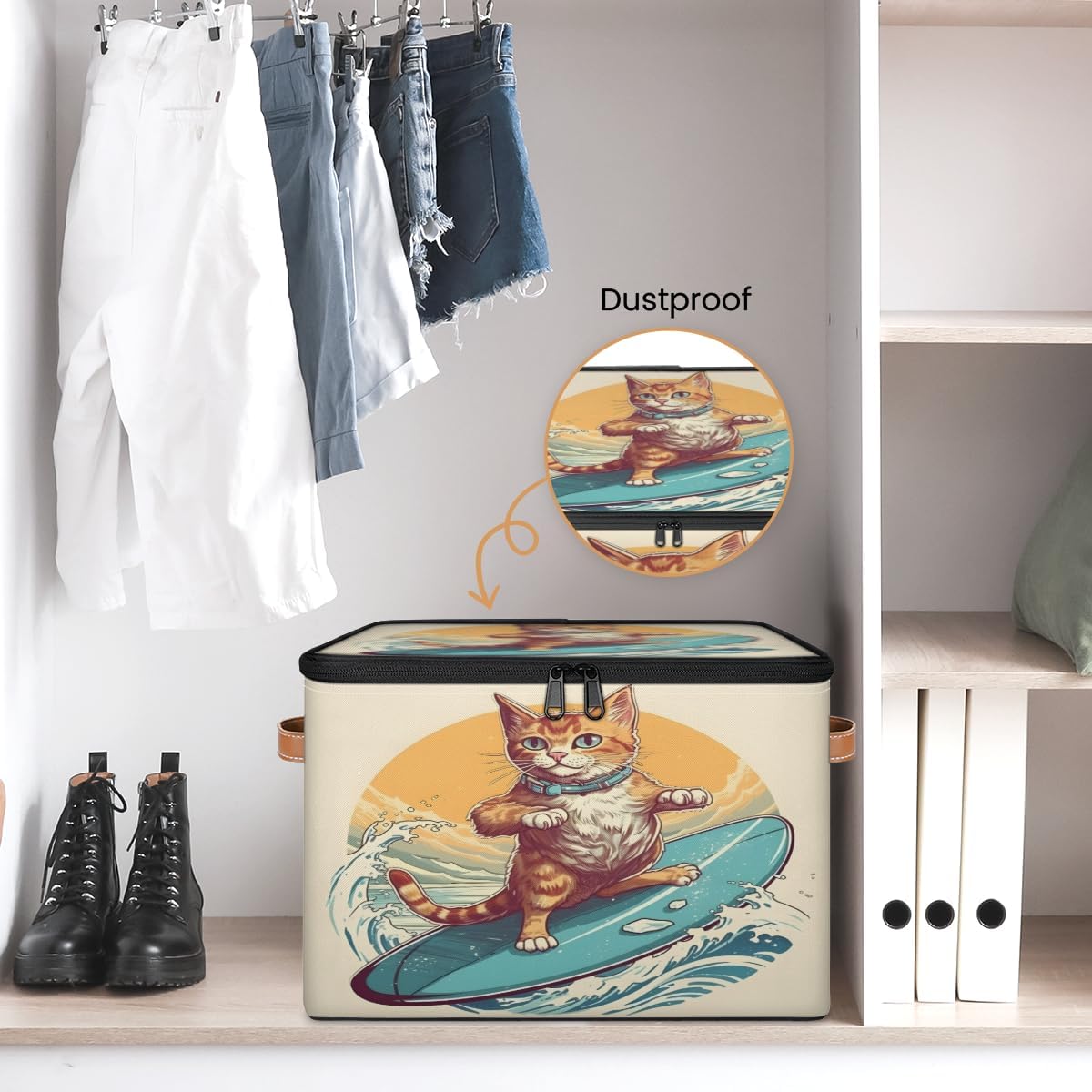 Storage Bin Set of 2 Water Ski Cat Storage Basket with Zipper Lid & Handle Foldable Closet Shelf 2 Pack Cloth Organizer Basket Cube Bins Clothes Organizer for Bedroom, Nursery