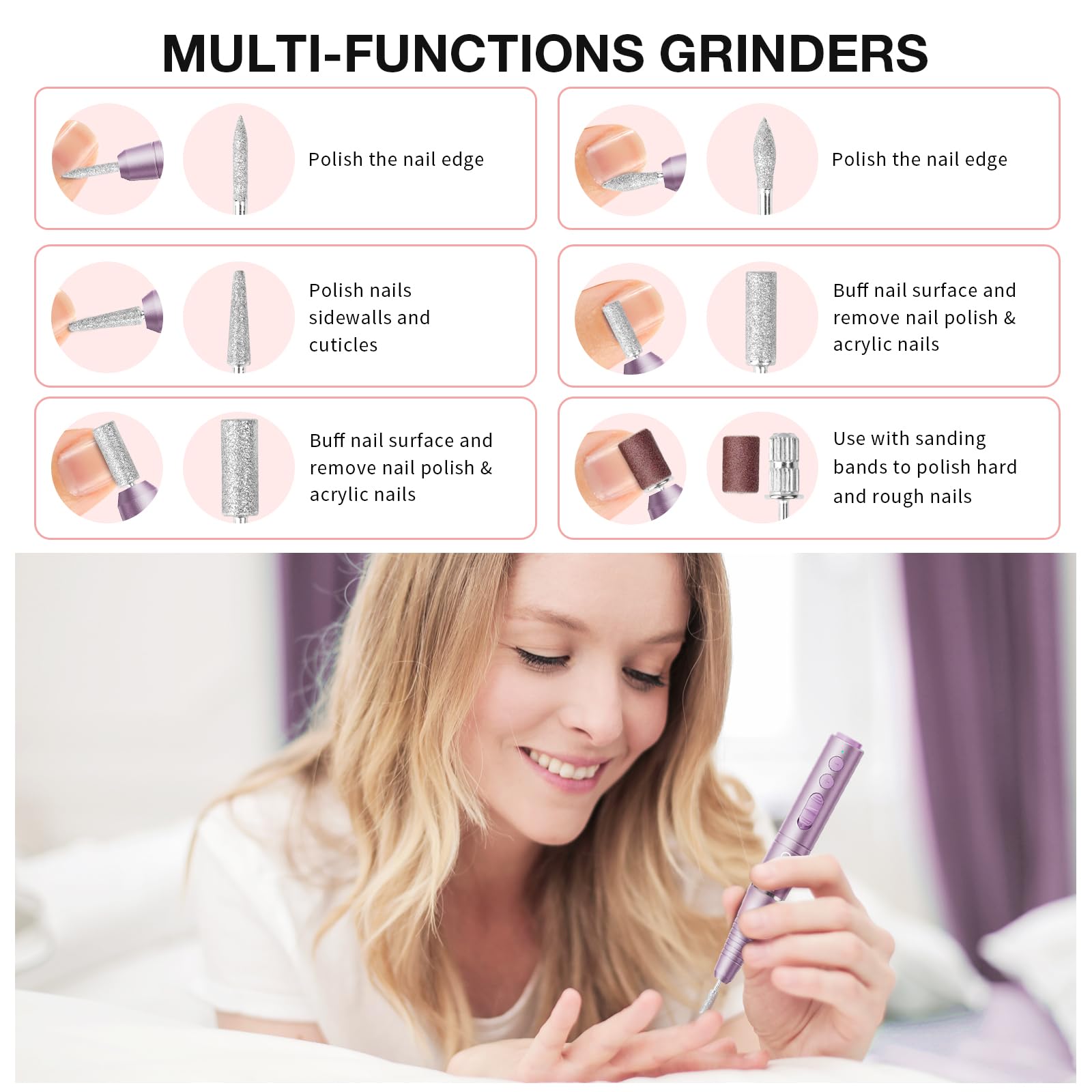 Perceuse à ongles électrique sans fil pour ongles en acrylique, rechargeable et portable avec max 20 000 tr/min, kit 12 en 1 lime à ongles électrique pour débutant et professionnel (rose)