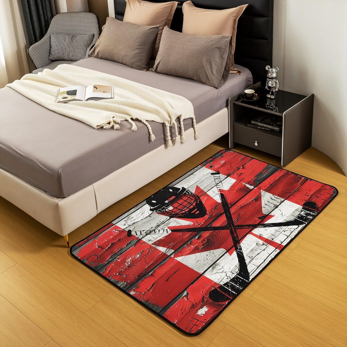 Castle Fairy Ice Hockey Helmet Extreme Ball Sports Area Rug 3'x5', Puck Ball Non Slip Rug for Kids Teen Boys Women Men,Canadian Flag Red Maple Leaf Indoor Floor Mat for Dining Room Backyard Decor