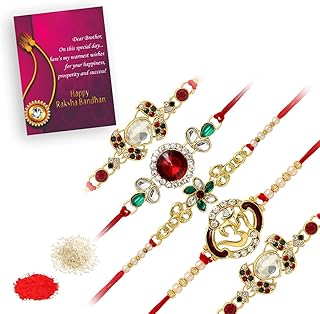 Jaipur Mart Preyans From Kundan & Pearl Designer Rakhi Combo With Roli Chawal Pack For Brothers (5 Rakhi)(RKH185CMB)