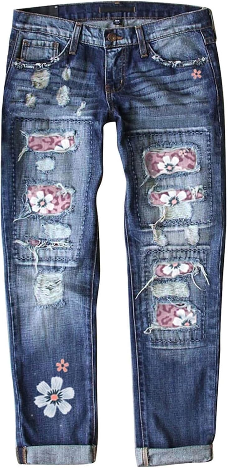Ripped Jeans for Women Distressed Boyfriend Skinny Pants with Plaid Patchwork & Holes Stretch Comfort Denim