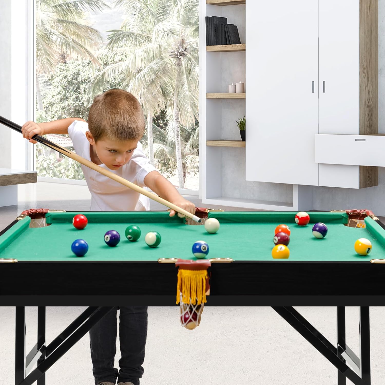 LDAILY 47"/48" Billiard Table Set, Portable Pool Ball Game with 2 Cue Sticks, 2 rubs & 16 Balls, Pocket Holders, Triangle Gauge, Brush, Mini Tabletop Pool Set for Kids Adult