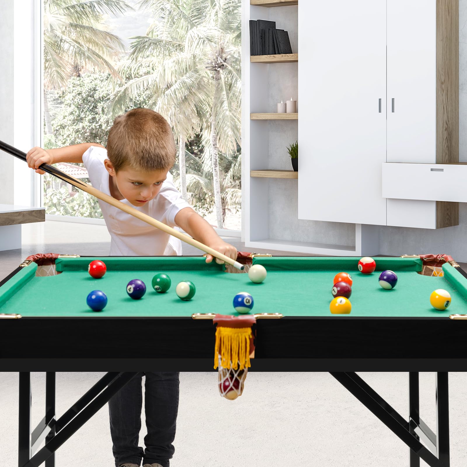 HOMASIS Billardtisch klappbar, Billiard Tisch mit 2 Queues 2 Kreiden 16 Bällen Dreieck & Bürste, Tischbillard für Zuhause, Bar & Party, Pool-Billardtische Billard-Spiel für Kinder & Erwachsene