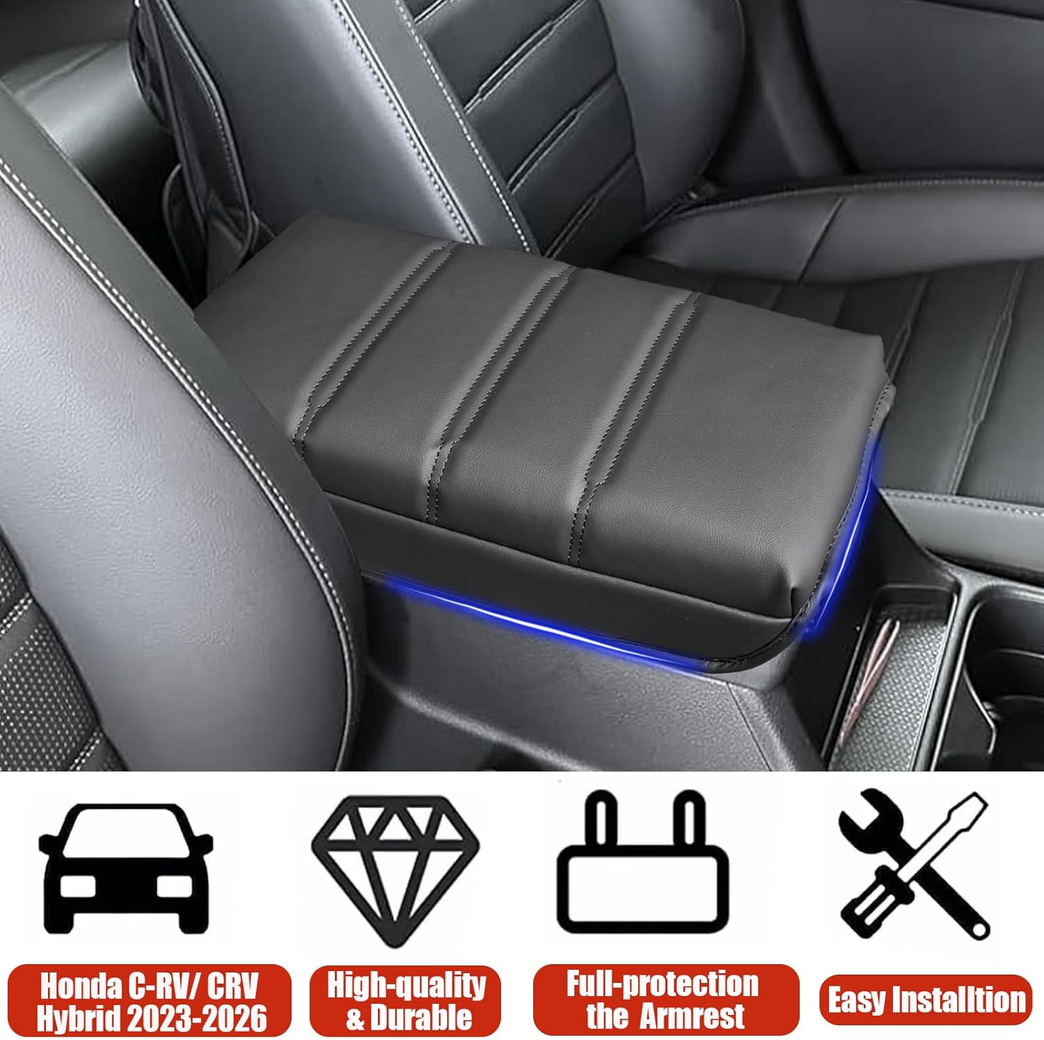 for CRV Center Console Cover 2026 2025 2024 2023 - [Upgraded] Thick & Soft Leather Middle Armrest Cushion Protector for Honda CRV 2023 2024 2025 2026 Interior Accessories - Black Stitch