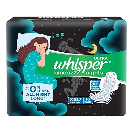 WHISPER BINDAZZZ NIGHTS SANITARY PADS, 16 XXL+ PADS, UPTO 0% LEAKS ALL NIGHT LONG, FOR HEAVY FLOW, 60% LONGER & WIDER BACK, COMFORTABLE CUSHIONY SOFT WINGS, DISPOSABLE WRAPPER