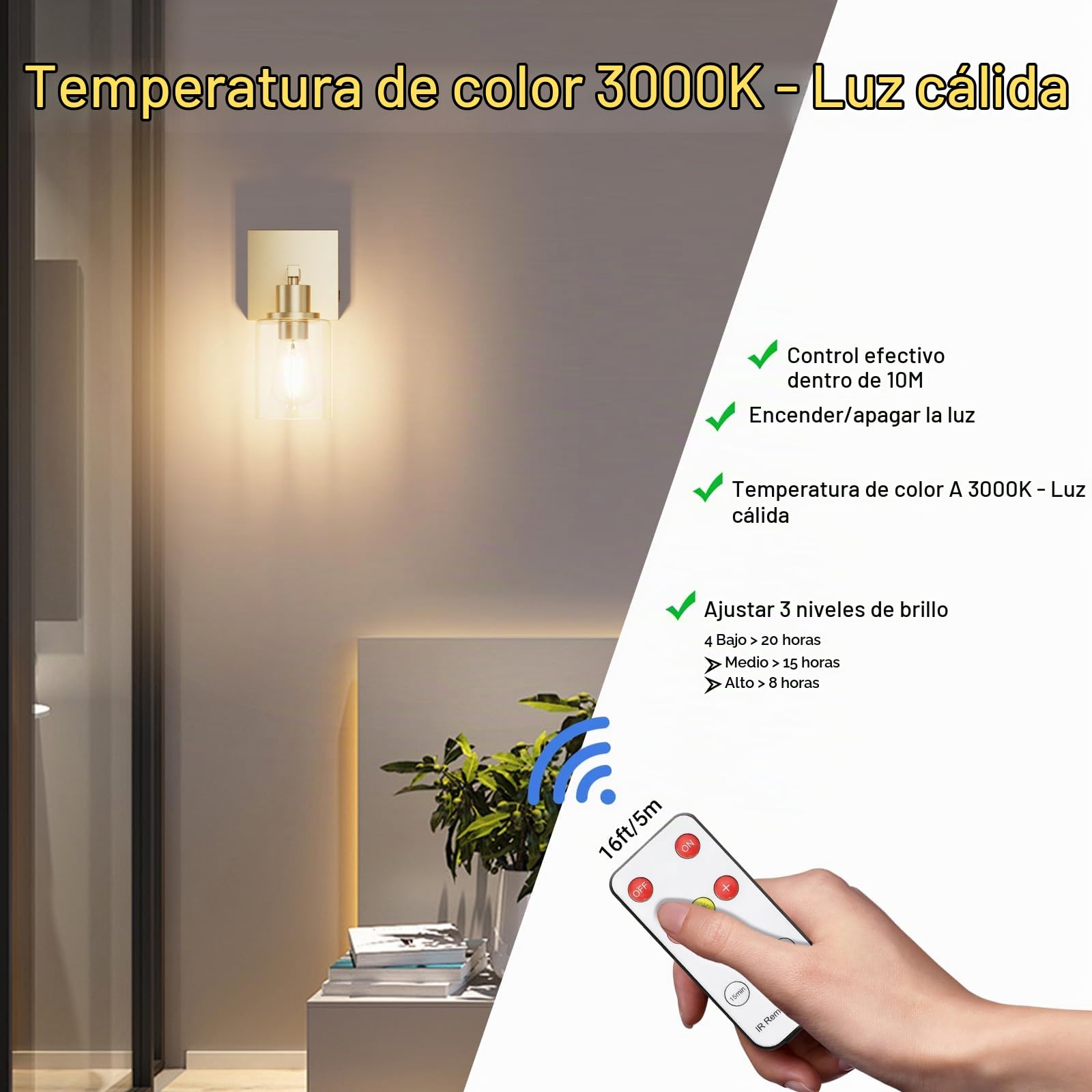 Klighten 6000mAh Lámpara de pared a pilas,2PCS Lámpara de pared LED con mando a distancia y control táctil,Aplique de batería,Aplique de Pared interior Con bombilla 3000K blanco cálido(Oro)