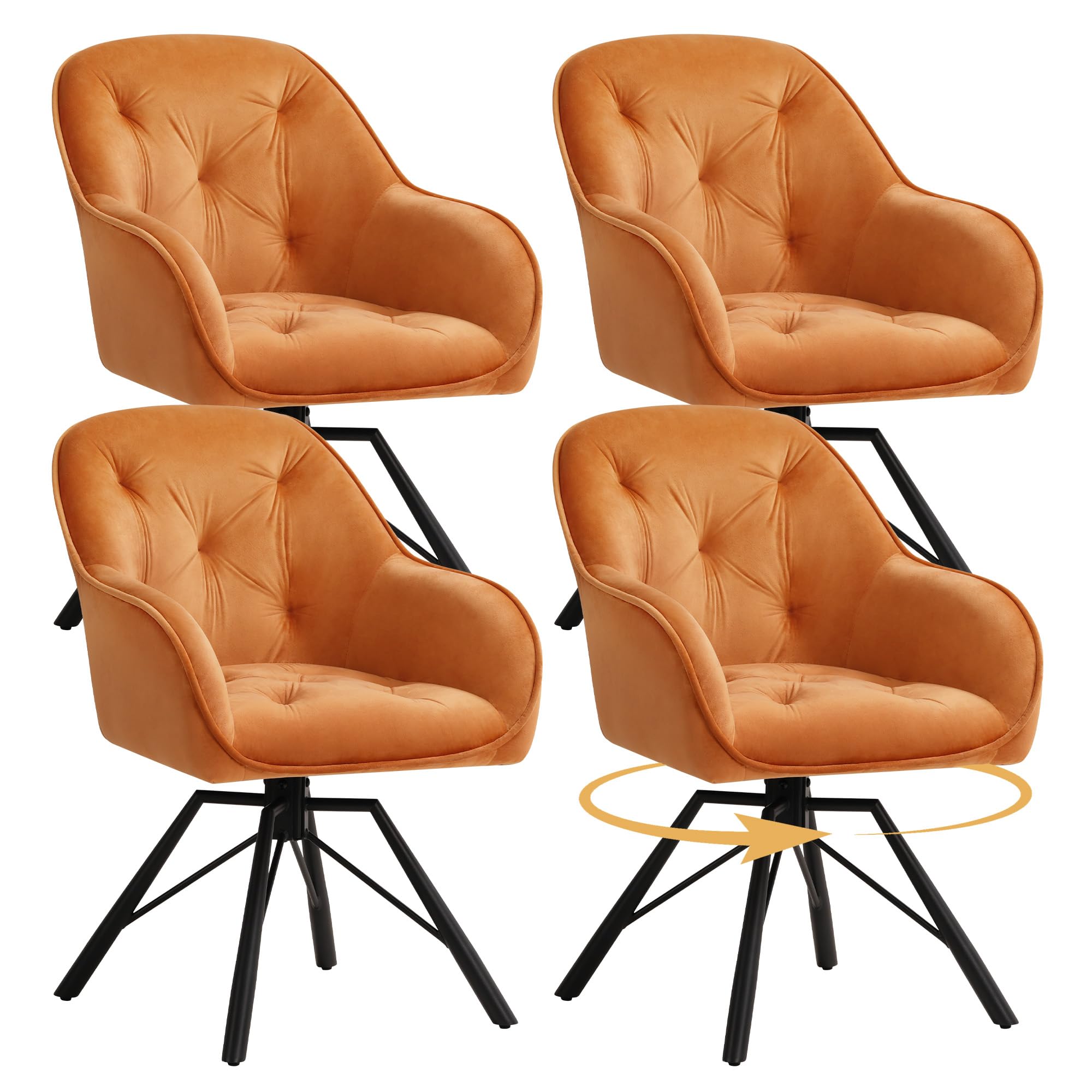 ELUCHANG Esszimmerstühle 4er Set, 360°Drehbar, Mehrschichtiger Dicker Schaumstoff Stuhl mit Hohen Armlehnen, Braun Samt, Gekreuztes Metallgestell bis 150KG, für Schlafzimmer Küche Wohnzimmer