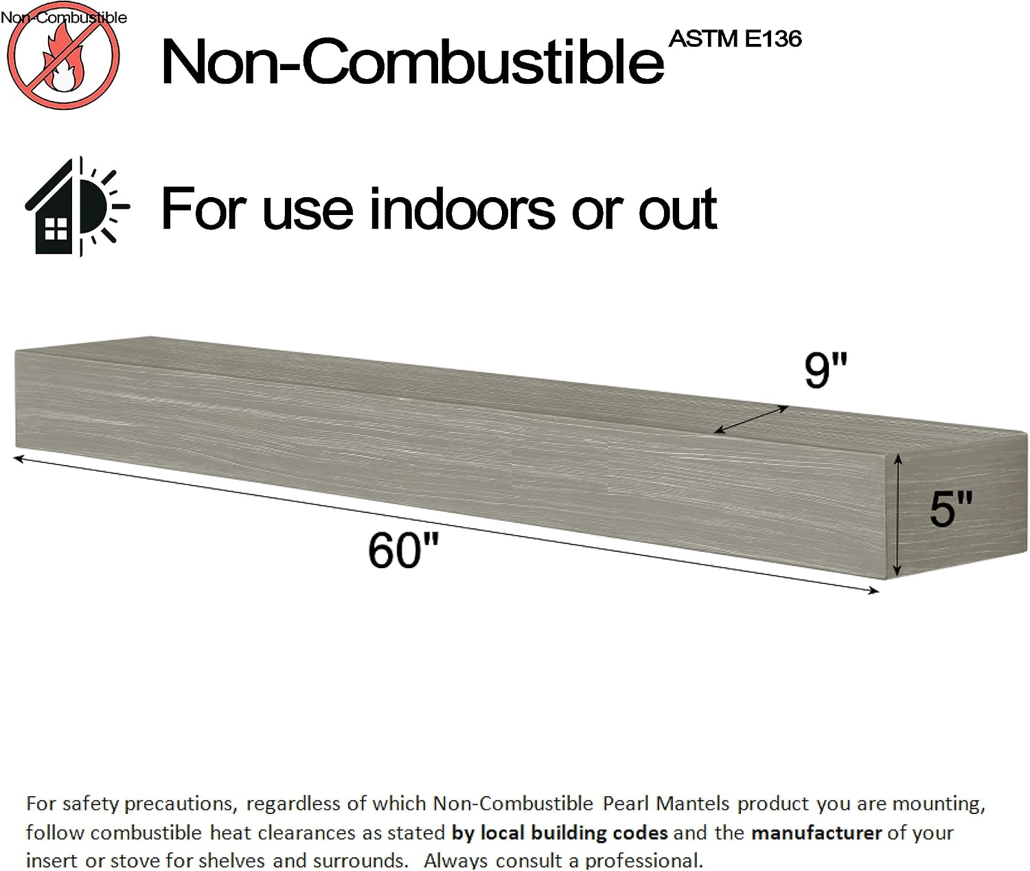 Pearl Mantels ARYB60NCG Non-Combustible Mantel Shelf, Graywash, 60" L x 9" D x 5" H