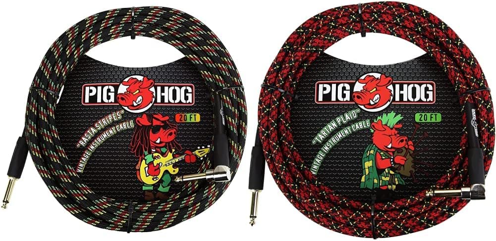 Pig Hog PCH20RAR & PCH20PLR Right-Angle Guitar Cables, 1/4" to 1/4", 20 Feet: Rasta Stripes & Tartan Plaid