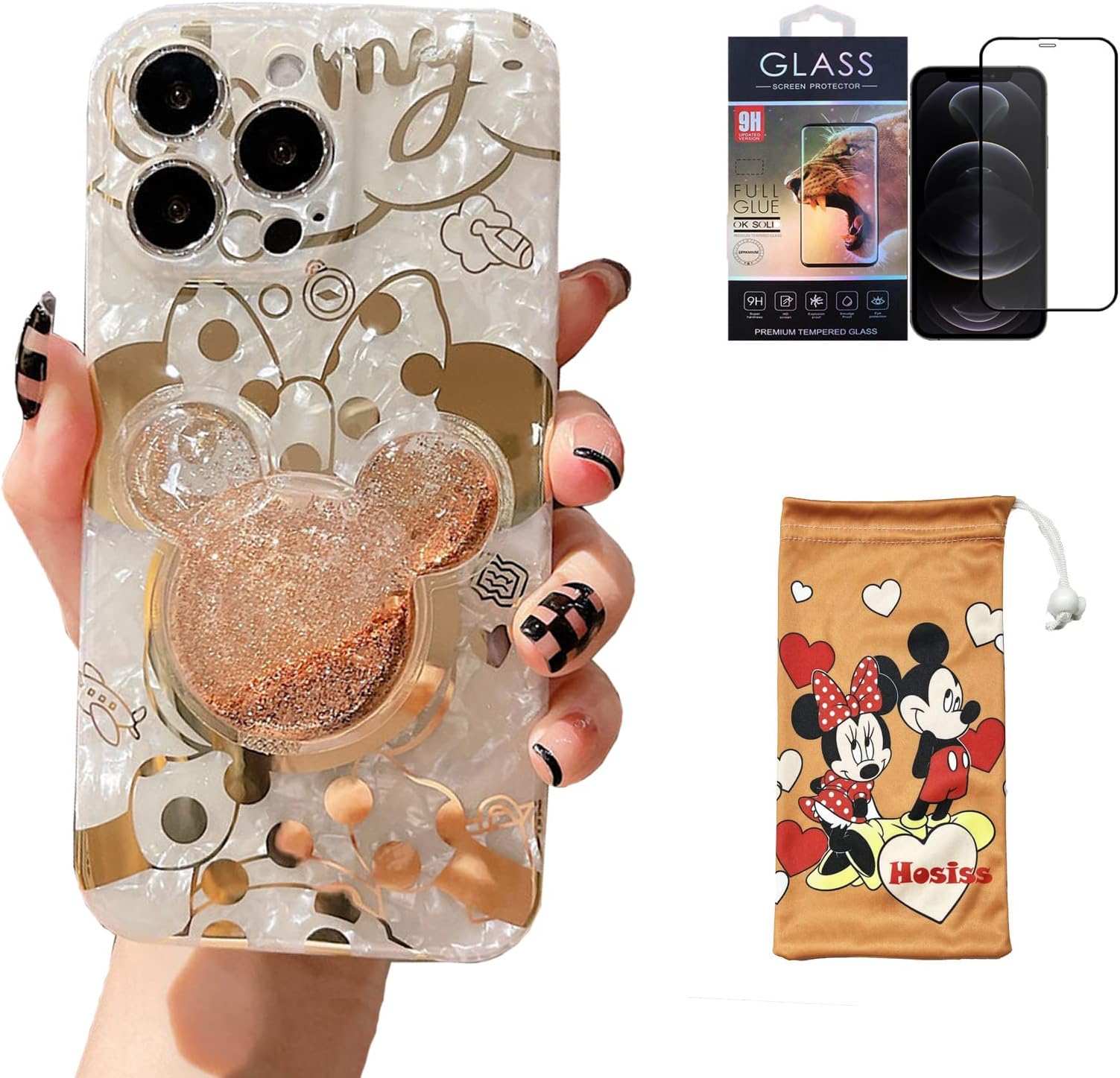 Cartoon Case for iPhone 14 Pro Max 6.7'' with HD Screen Protector, Minnie Mouse with Quicksand Cell Phone Holder Strap Soft TPU Shockproof Protective for Girls Women