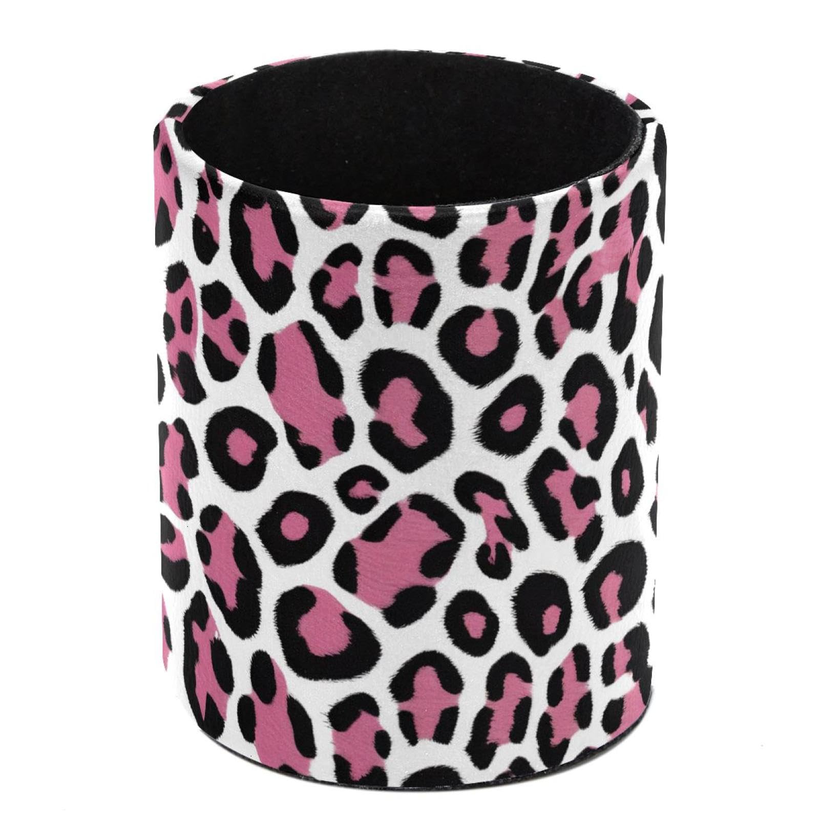 HEOEH Pink Leopard Pen Holder for Desk, PU Leather Pencil Holder Pen Cup Marker Holder Makeup Brush Holders, Desk Accessories & Workspace Organizers for Home, Office