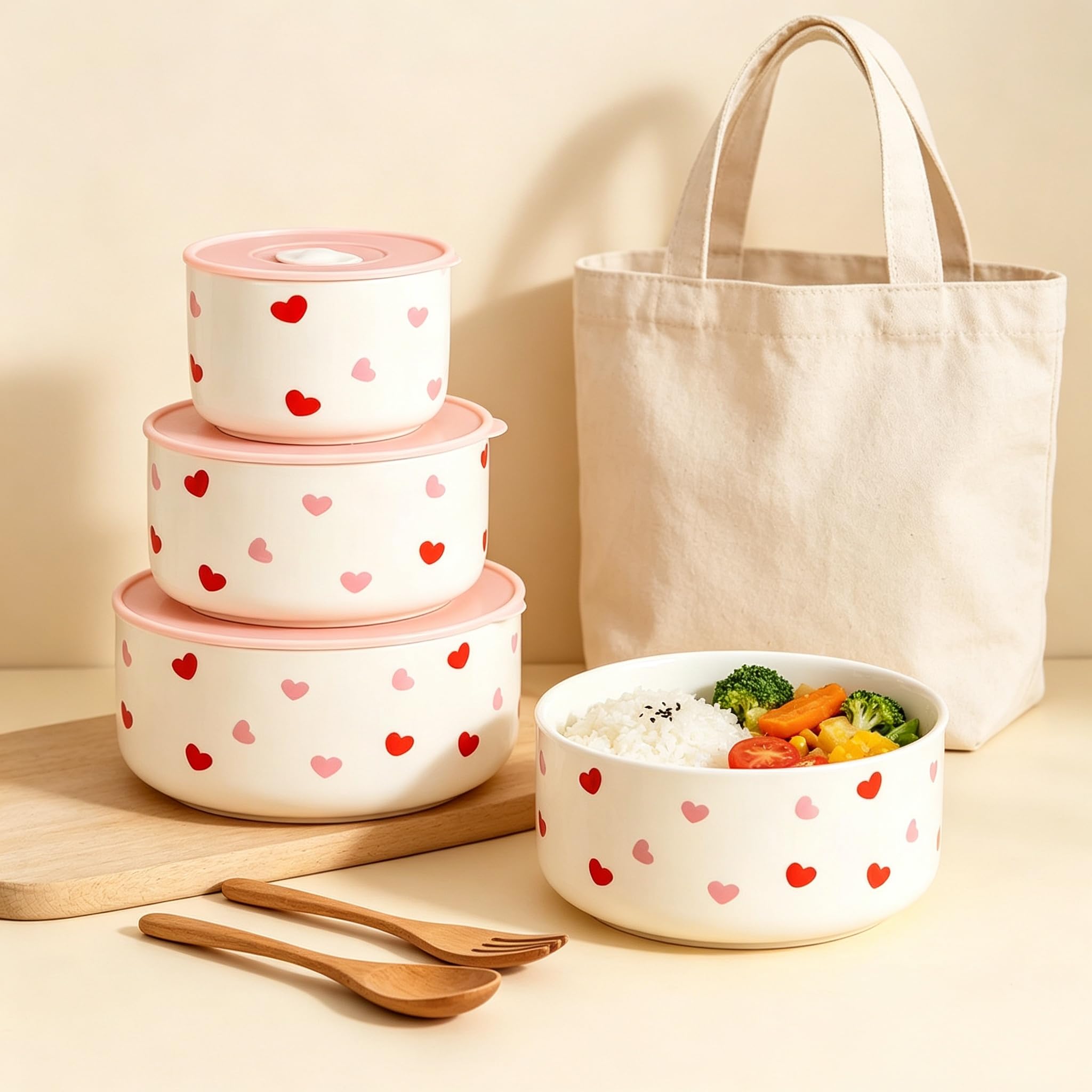 Lunch box in Ceramica, Portapranzo Rotondo con Coperchio, Set da 3 pezzi in bianco, ermetico e antigoccia, Adatto per vari alimenti, frutta e dolci, ideale per scuola, ufficio, picnic, brevi viaggi