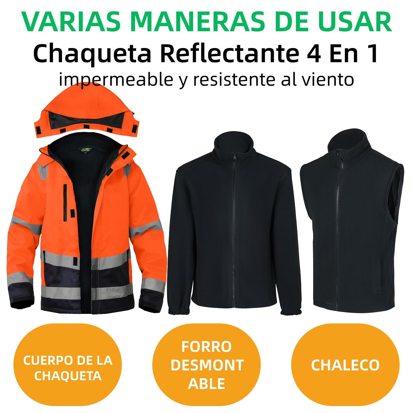 WORK IDEA Versátil chaqueta de trabajo 3 en 1 con reflectores. Impermeable, resistente al viento, transpirable. Ropa de trabajo de invierno ideal y chaqueta de seguridad para todas las estaciones