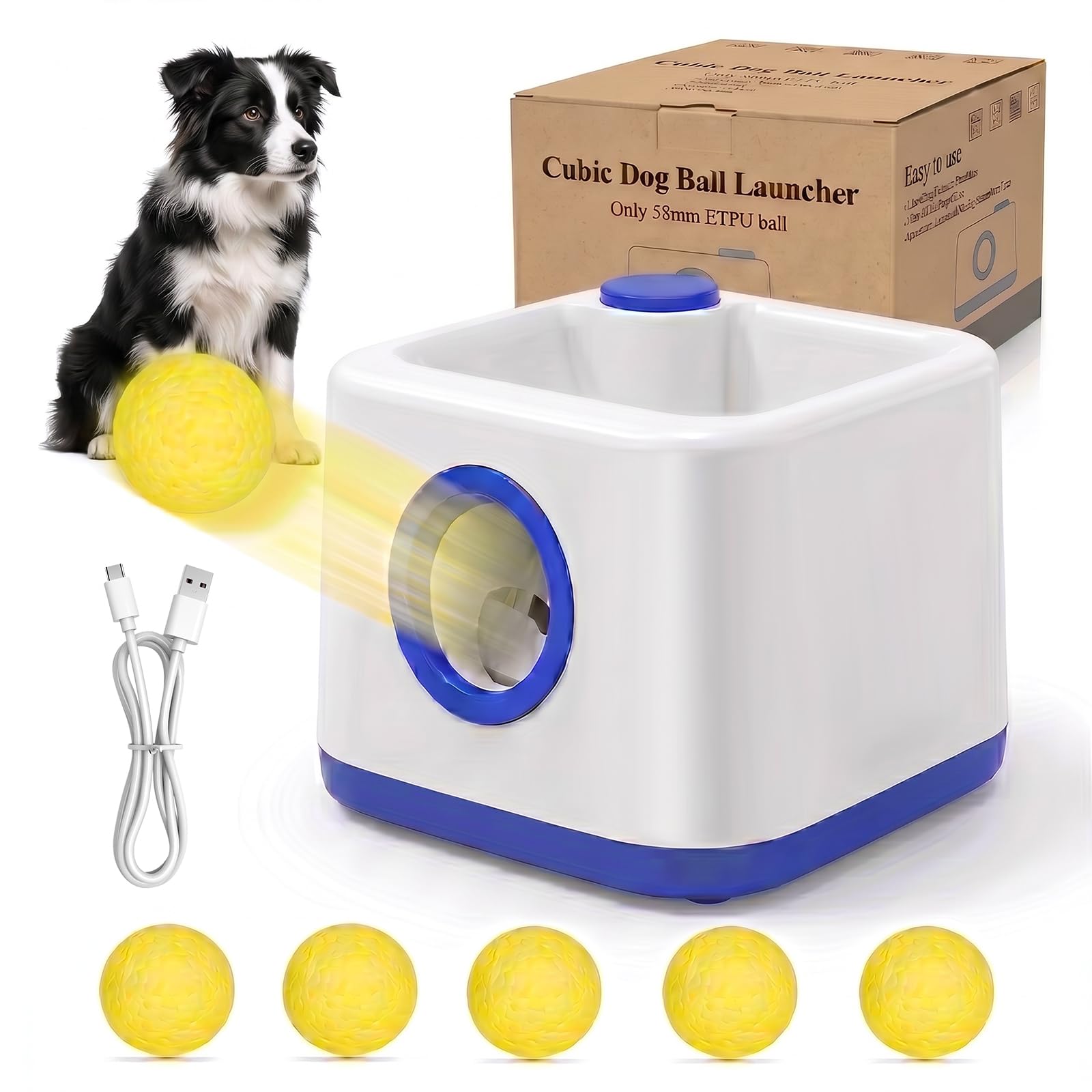 JIANAYANA Lanceur de balles automatique pour chien, jouet interactif double mode automatique et manuel, 4 distances réglables avec 5 balles ETPU, balle anti-carte pour intérieur et extérieur toutes