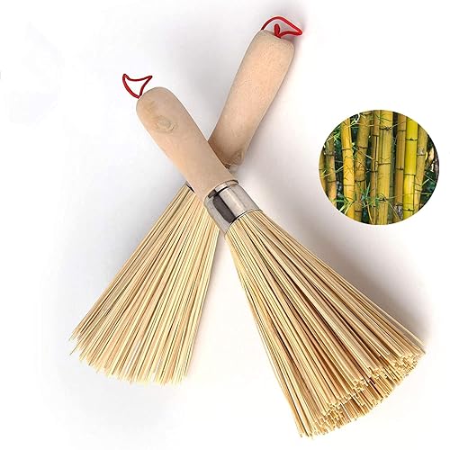 Paquete de 2 cepillos tradicionales de bambú natural para wok, cepillo de limpieza de cocina, cepillo de bambú para limpiar platos, ollas de hierro