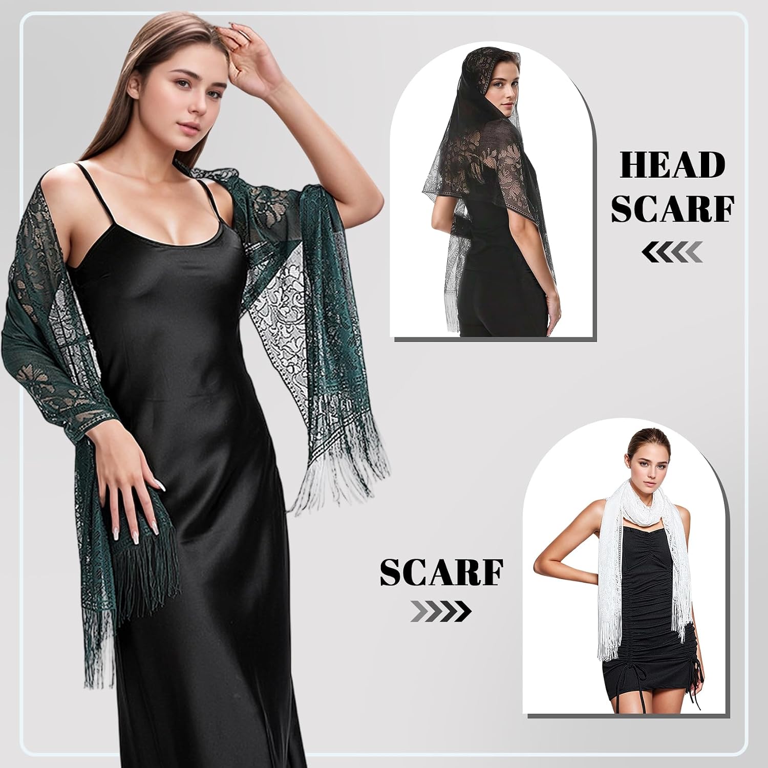 Ladiery Women's Floral Lace Shawl with Tassels, Soft Mesh Fringe Wraps for Wedding Evening Party Dresses