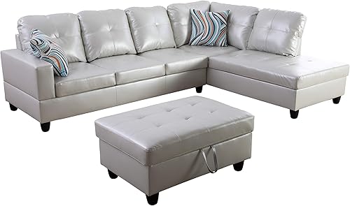 Miniatura 38 de Sofá modular contemporáneo con diván y otomana de almacenamiento, 3 piezas en forma de L, tapicería de piel sintética, cojines de espuma Jengibre