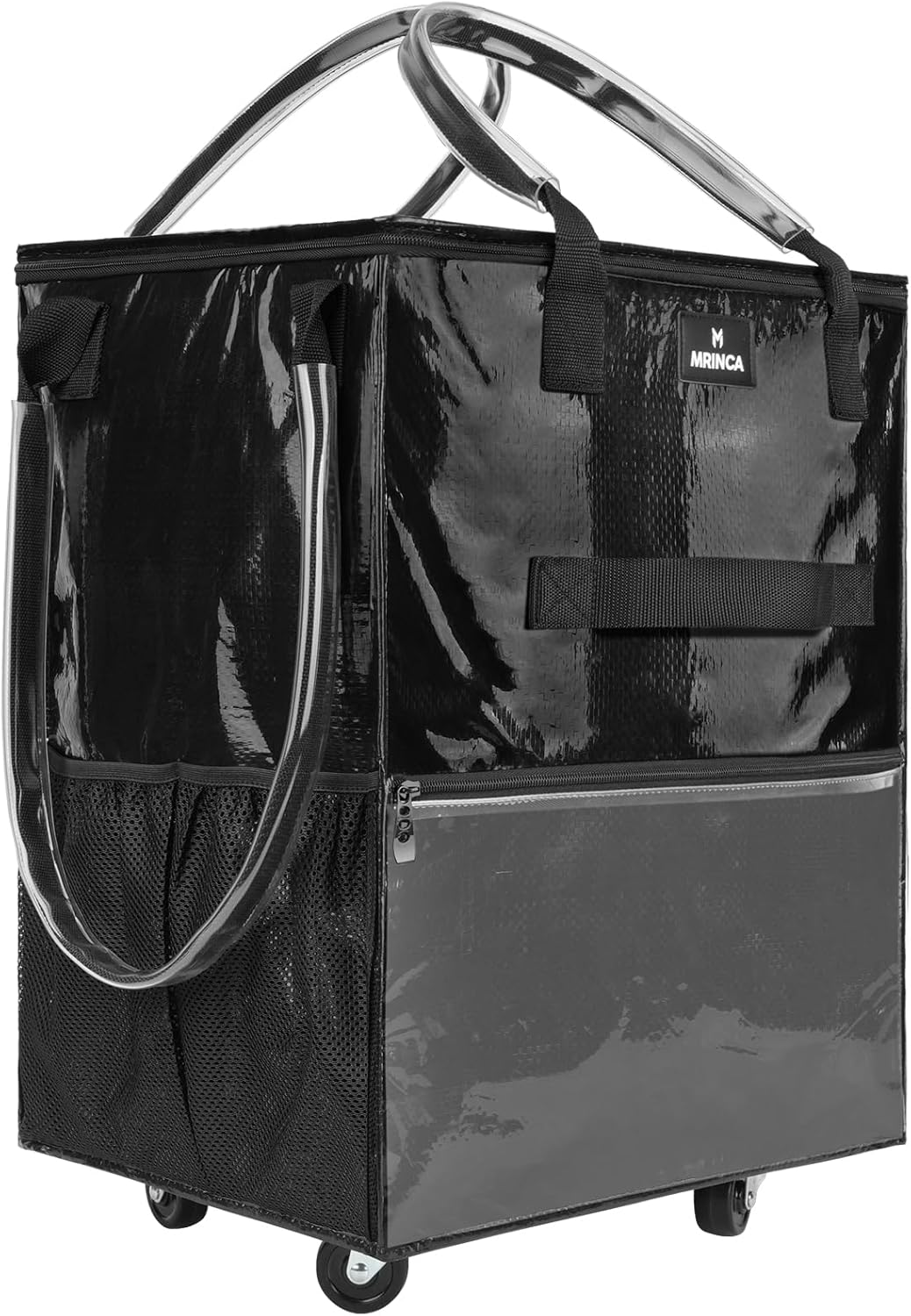 Reusable Grocery Bag with Wheels, Foldable Shopping Rolling Tote Bag, Shopping Trolley Cart with Zippered Top, Heavy Duty Handles, Lightweight, Carries Up to 66 LBS, Large, Black Black Large