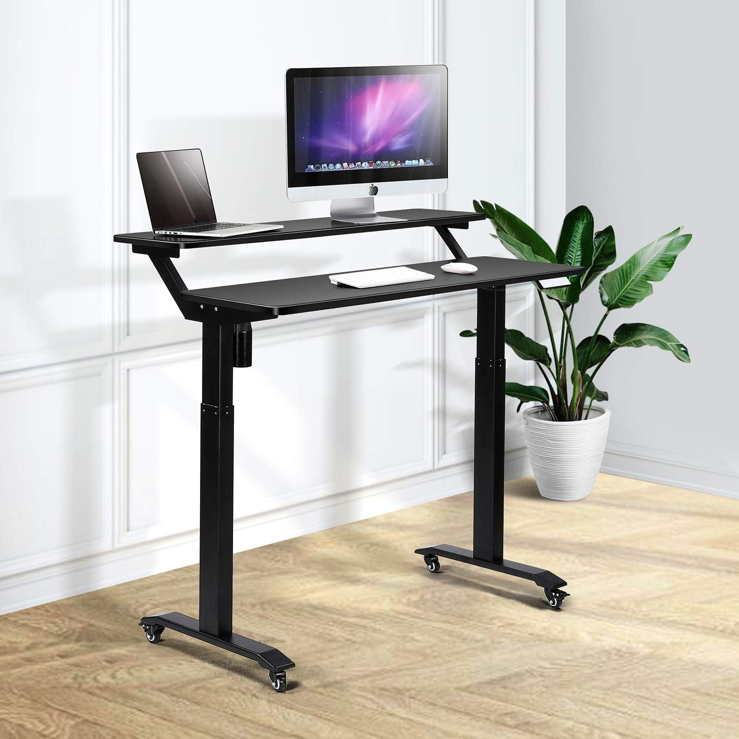 UNICOO Electric Height Adjustable 2-Tier Raising Desk with Wheels, Mobile Standing Desk with Monitor Stand, Ergonomic Adjustable Computer Table, Electric Standing Game Table for Home Office