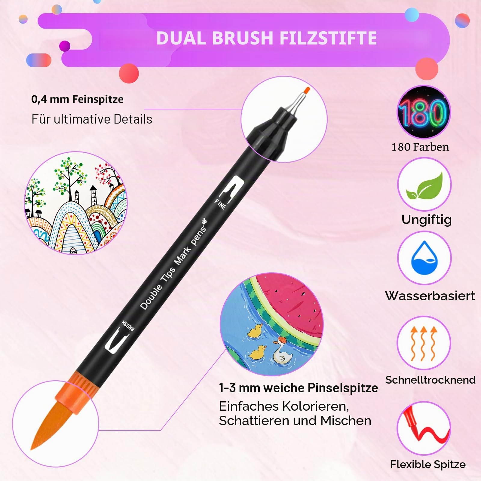 TrendGate Dual Brush Pen Set, 180 Farben Fineliner und Pinselstifte Set | Doppel Filzstifte Dicke und Dünne, mit Malbücher, schnelltrocknend, Ersatz-spitze, für Handlettering, Bullet Journal, Mandala