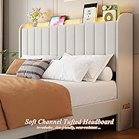 Vista 6 de Base de cama tamaño matrimonial con cabecera de almacenamiento y 2 cajones, base de cama tapizada con luces LED y práctica estación de carga, no Gris