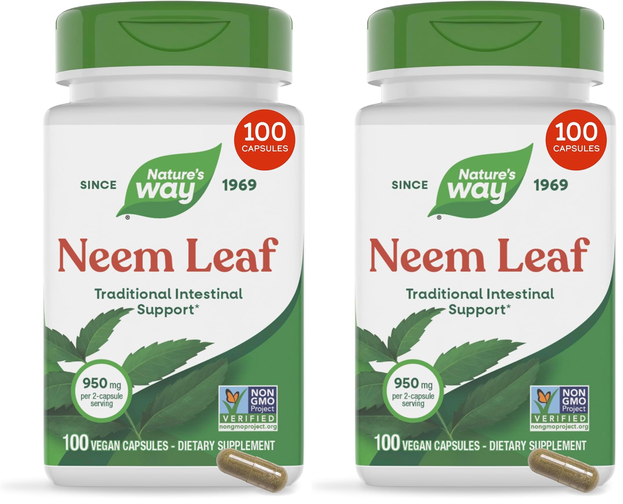 Nature's Way Neem Leaf Capsules,Traditional Intestinal Support*,Used in Ayurveda,950 mg per 2-Capsule Serving,Non-GMO Project Verified,Vegan,(Packaging May Vary),100 Count (Pack of 2)