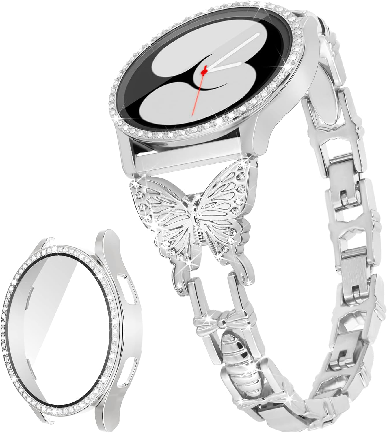 Butterfly Band Compatible with Samsung Galaxy Watch 4&5 Band-40mm with Screen Protector Case, 20mm Quick Release Women Diamond Cute Metal Slim Watch Bands & Bling Protective Cover Case (Silver)