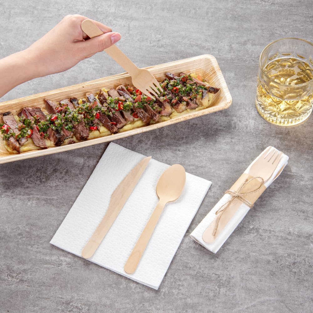 Restaurantware Wood Cutlery Set with Napkin - Tied with Twine - Great For Parties or Catering - Utensil Set - Wooden Fork Knife Spoon and Napkin - 100 ct Box