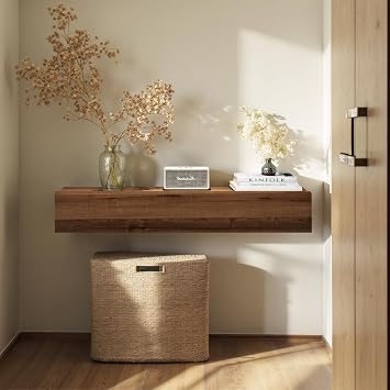 Floating Solid Wood Console Table, 32'' Wall Mounted Narrow Entryway Table with Storage Shelf, Modern Couch Shelves Small Entry Way Tables for Entryway, Front Hall, Hallway (Walnut, 31.5IN)