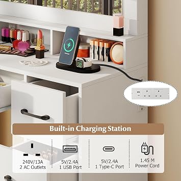 COSTWAY Dressing Table with Large Mirror and Cushioned Storage Stool, Wooden Makeup Table Vanity Desk Set with 9 Dimmable LED Lights Bulbs, Power Outlet, 7 Drawers & Shelf for Bedroom (White)