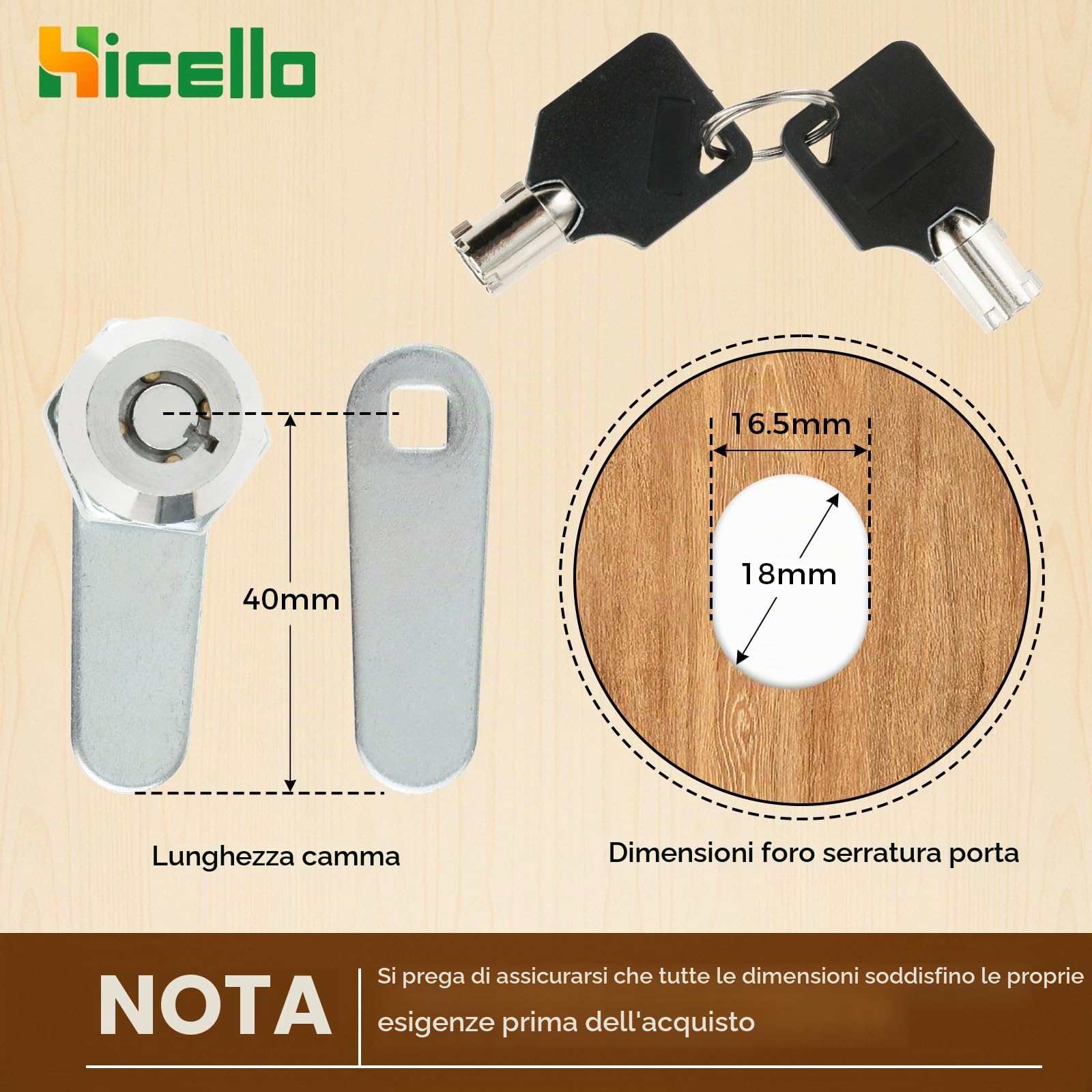 Serratura a cilindro a camma tubolare Ø18mm x 16mm, rotazione a 90 gradi, con 2 chiavi tonde, per cassetta postale residenziale, armadio sollevabile, lucchetto per soppalco, infrastrutture per