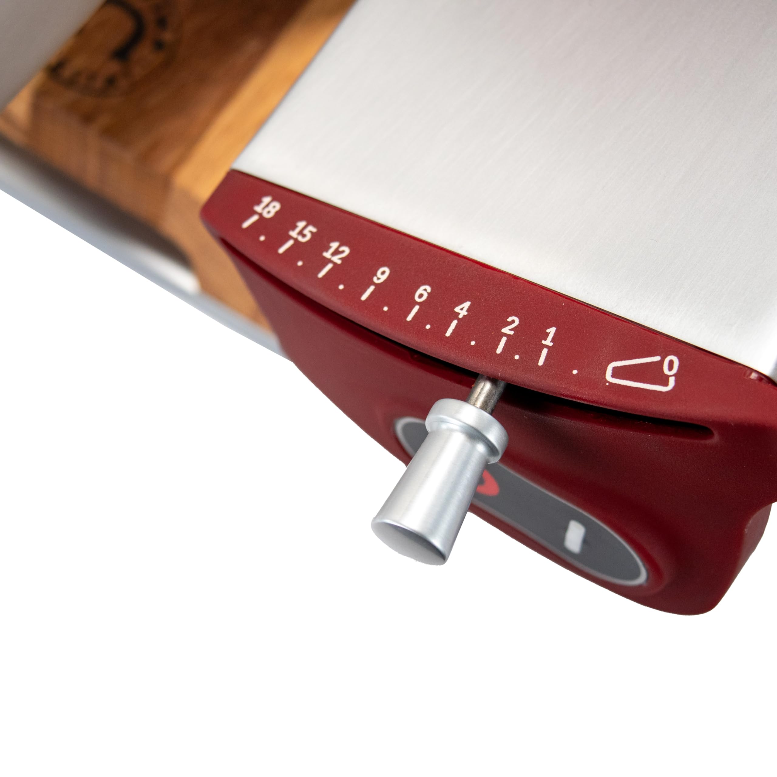 Berkel Home Line 250 Plus Trancheuse à charcuterie, électrique et compacte, rouge mat, idéale pour le prosciutto, les légumes et le fromage, avec planche en bois de qualité supérieure