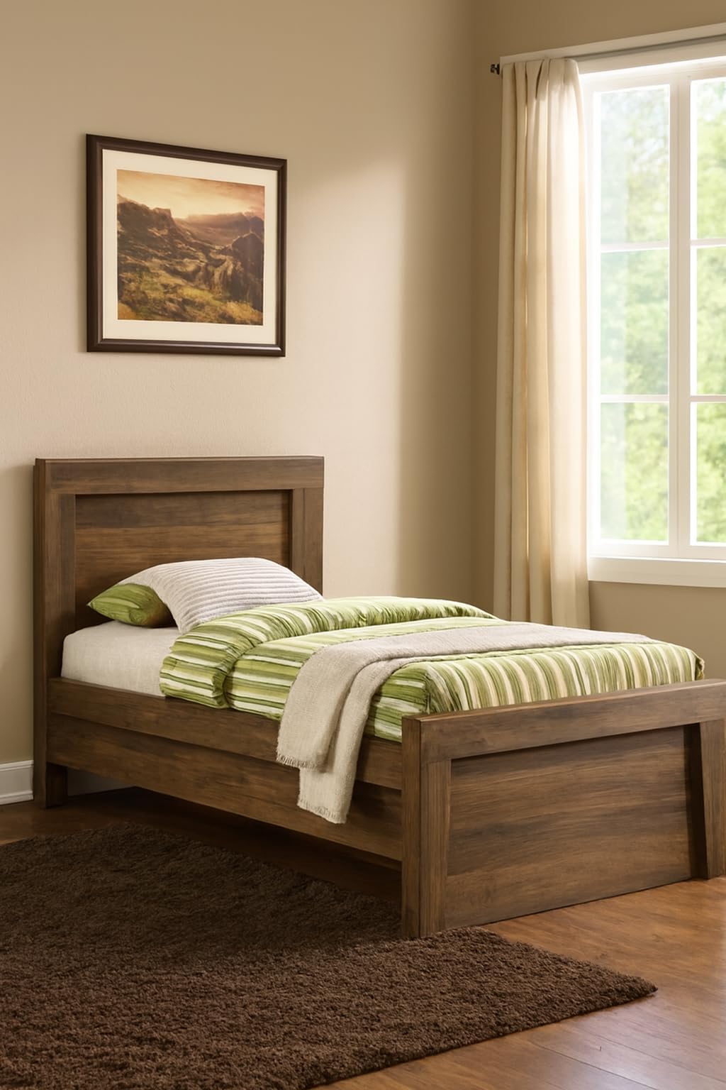 Bed Frame, Walnut Brown Finish, Modern Bed with Panel Headboard (160)