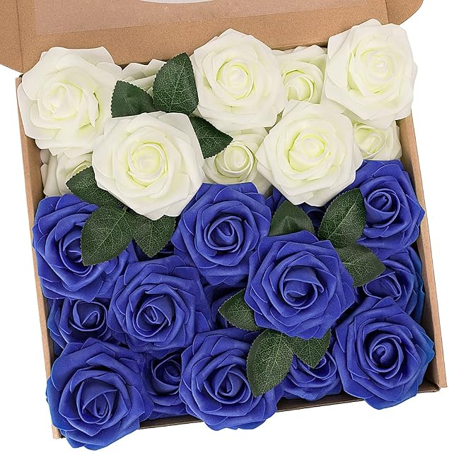 N&T NIETING Artificial Flowers Roses, 25pcs Real Touch Fake Foam Roses with Stems for Wedding Bridal Bouquets, Valentine's Day, Mother's Day, Baby Shower, Home Decoration, Ivory & Blue