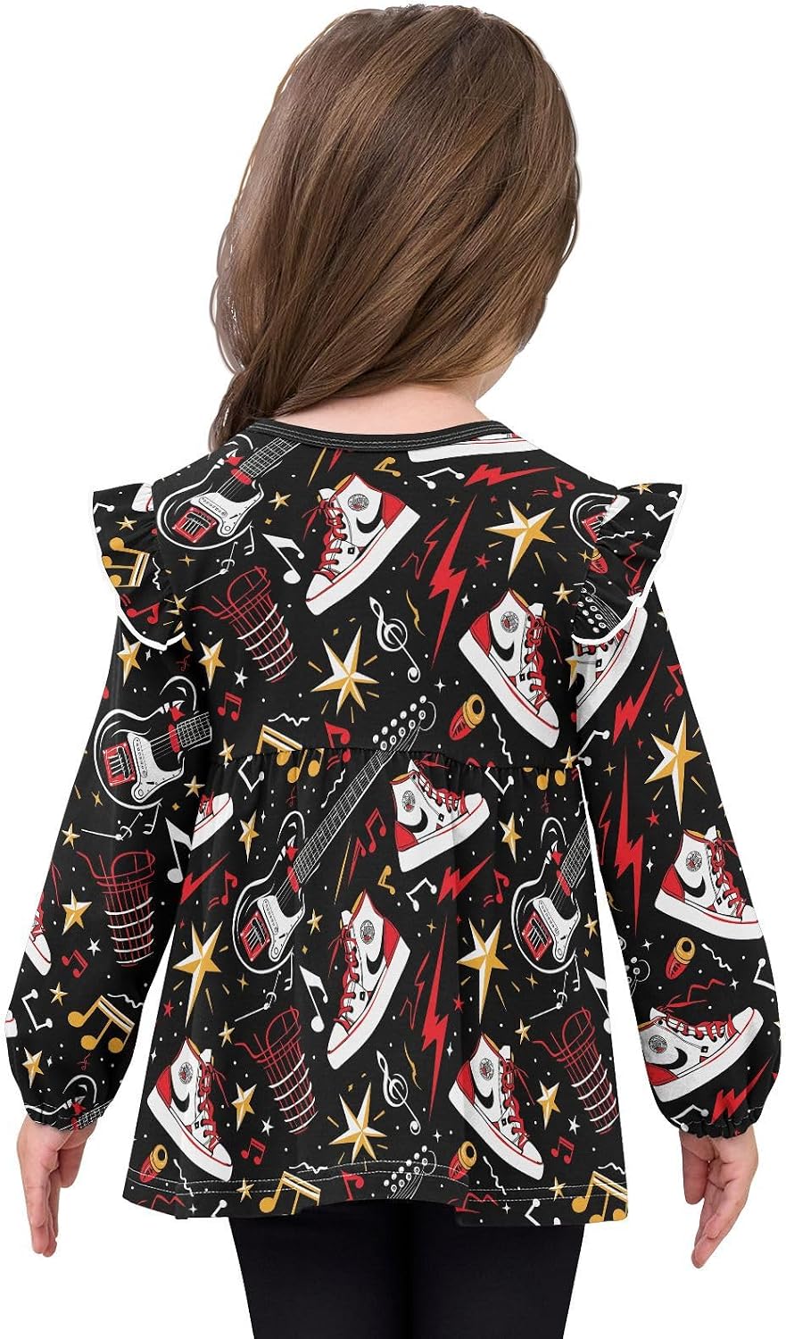 visesunny Toddler Clothes for Girls Sneaker Electric Guitar Long Sleeve Fall Shirts Cotton Top with Ruffle Collar