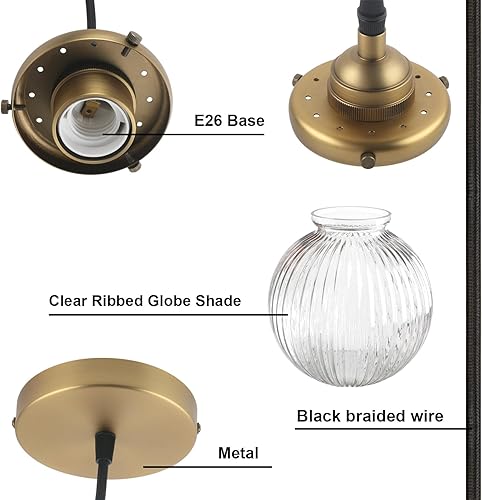 Miniatura 6 de Yosoan Lámpara colgante vintage de 1 luz, lámpara colgante de cocina, con cable individual, de lujo, retro, texturizada, a rayas, redonda, pantalla