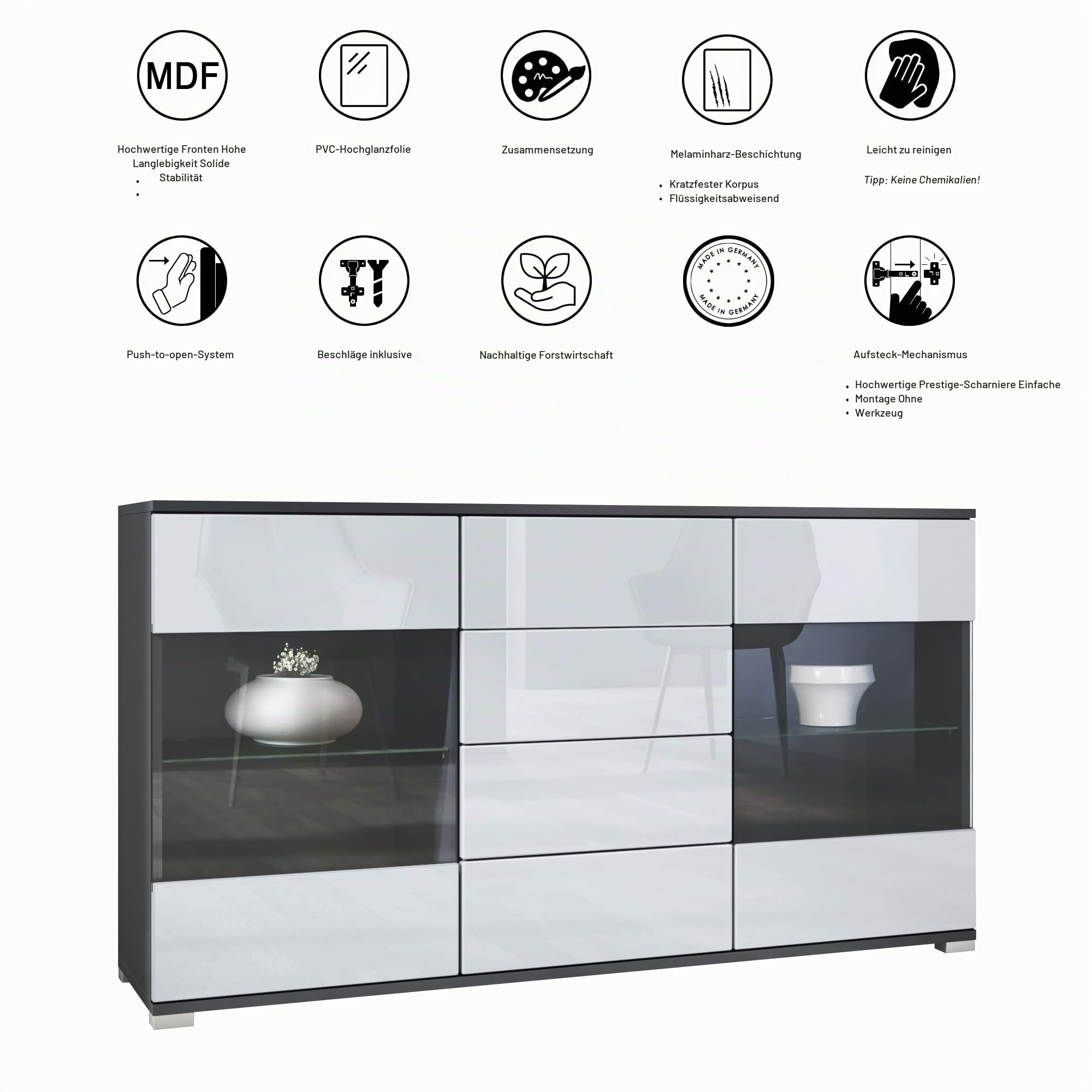 Vladon Sideboard Bari V1, Kommode mit 2 großen Türen und 4 Schubladen, Anthrazit matt/Grau Hochglanz (138,5 x 75,5 x 35)