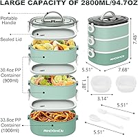 Vista 2 de Lonchera apilable de 3 capas, caja Bento portátil de 94 onzas de gran capacidad a prueba de fugas con cuchara, tenedor y cajas de salsa, lonchera