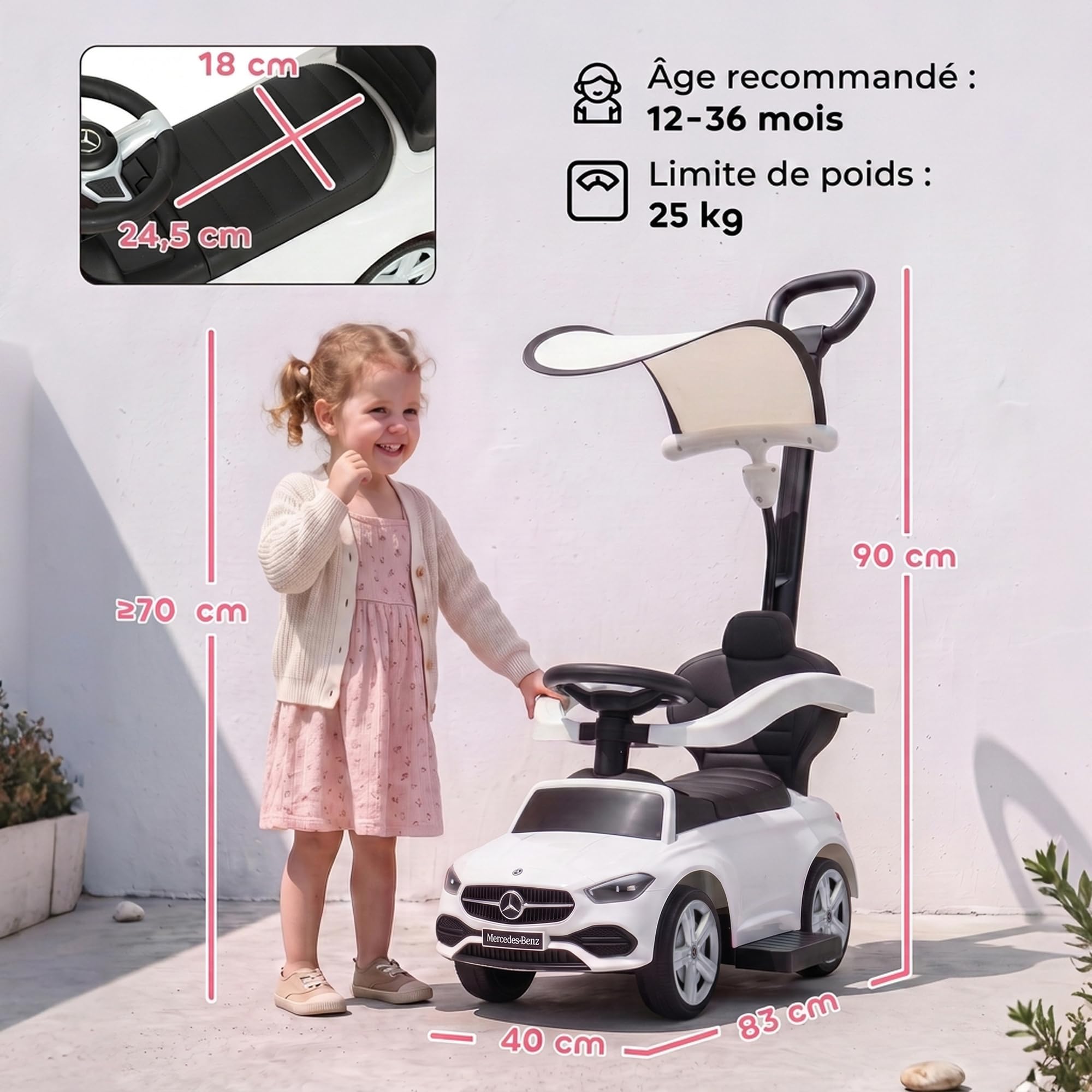 Qaba 3 w 1 Samochód pchany malucha Mercedes-Benz 18-36M Biały