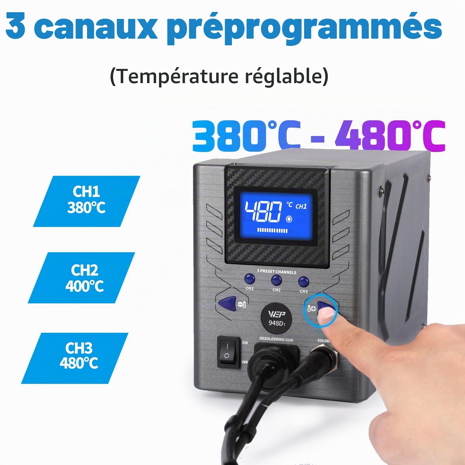 WEP 948D-I Station de dessoudage haute puissance 110W avec 4 buses de dessoudage, régulation de température avec 3 canaux préréglés, écran inclinable, sécurisé ESD(EU)