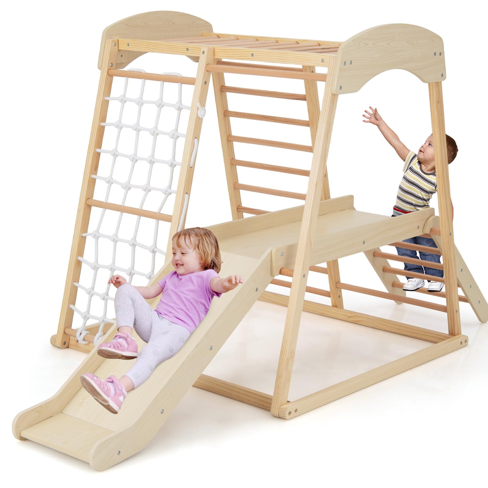 DREAMADE Klettergerüst Indoor Kletterspielzeug mit Rutsche Kletterleiter Kletternetz Affenstange, Spielturm Spielplatz Montessori Kletterdreieck aus massivem Kiefernholz für Kinder ab 1 Jahr (Natur)