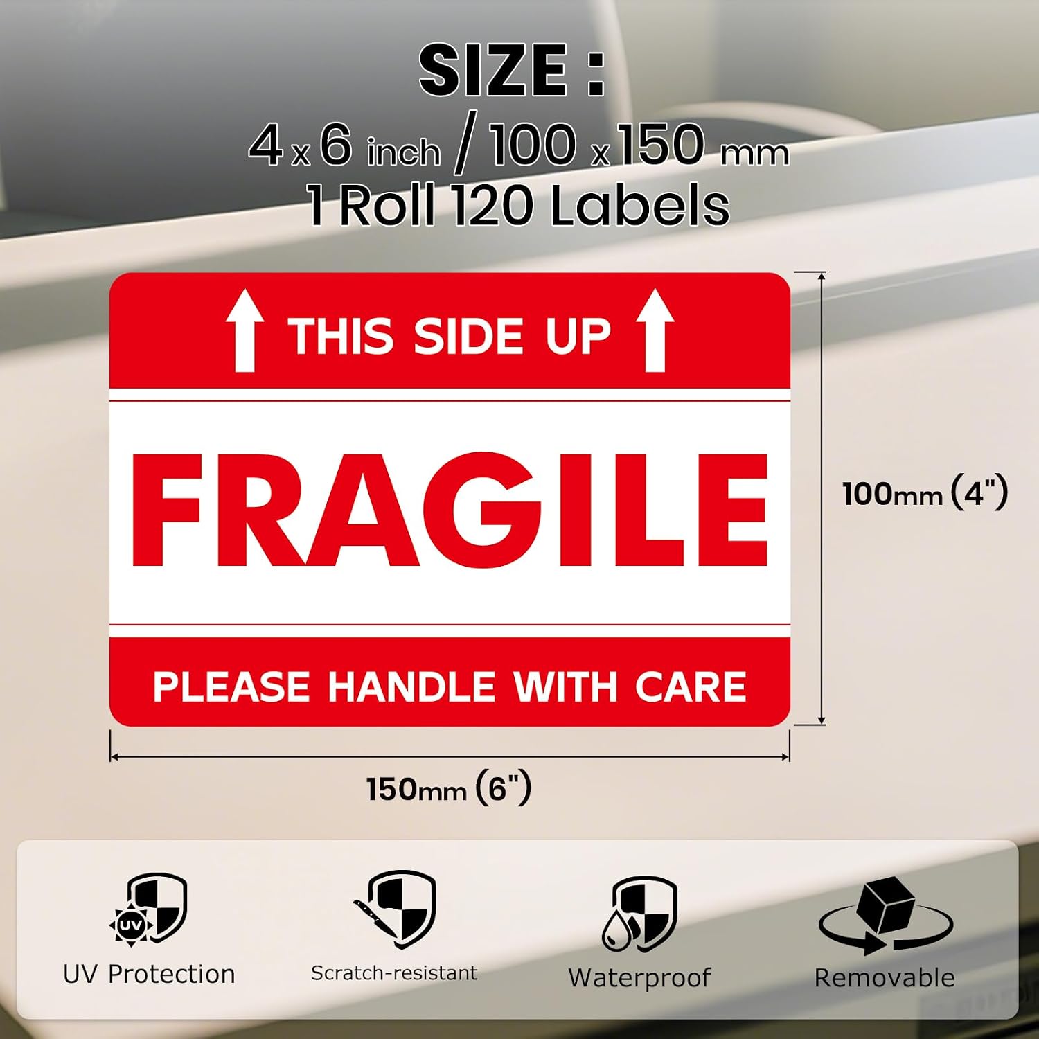 120 PCS This Side Up Fragile Stickers 4" × 6" Vinyl Moving Labels | Handle with Care Stickers, Waterproof, Strong Adhesive, Fragile Labels for Shipping, Moving Boxes, Packaging, Luggage