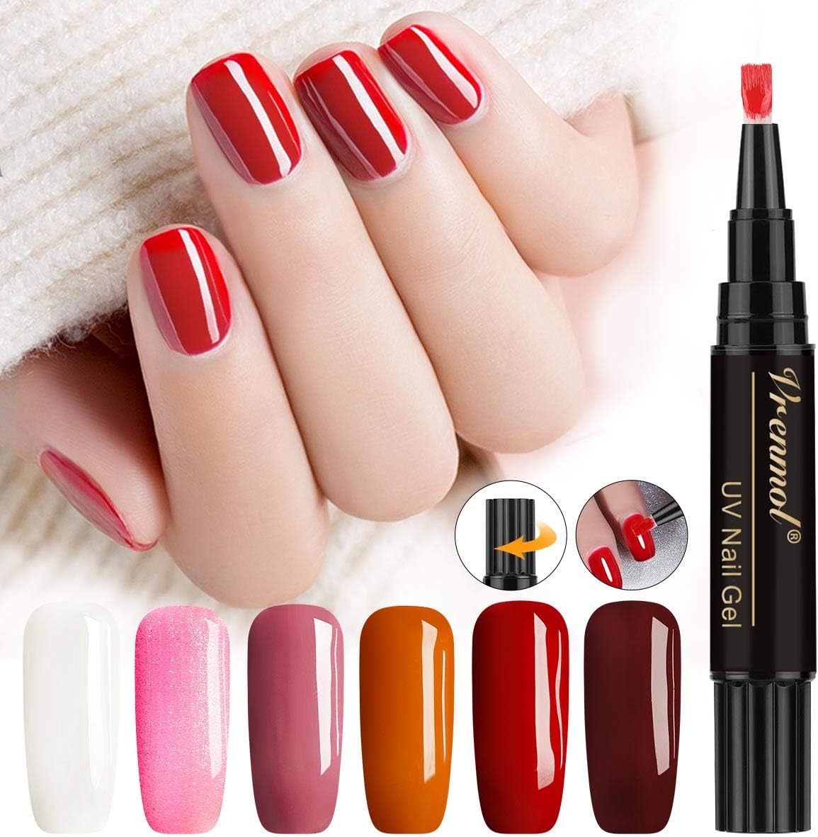 Vrenmol One Step Gel Nail Polish Pen,3 in 1 Soak Off UV LED Nail Varnish Nail Art Kit,No Base Top Coat Need,Hybrid 6 Colors Easy to Use UV Gel Lacquer