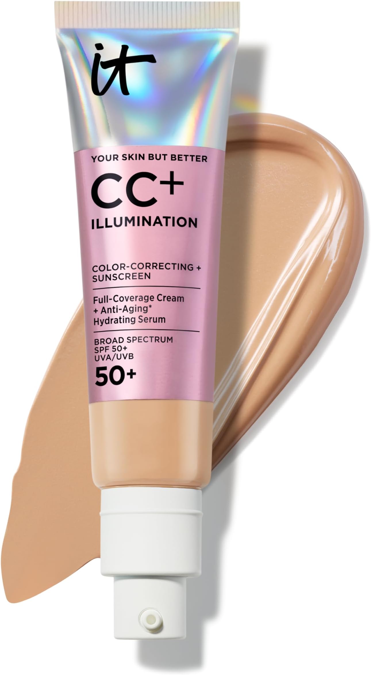 IT Cosmetics CC+ Cream Illumination SPF 50+ - Radiant Full Coverage Foundation Color Corrector, Hydrating Anti-Aging Serum, Hydrolyzed Collagen + Peptides, Normal to Dry & Mature Skin - 1.08 fl oz
