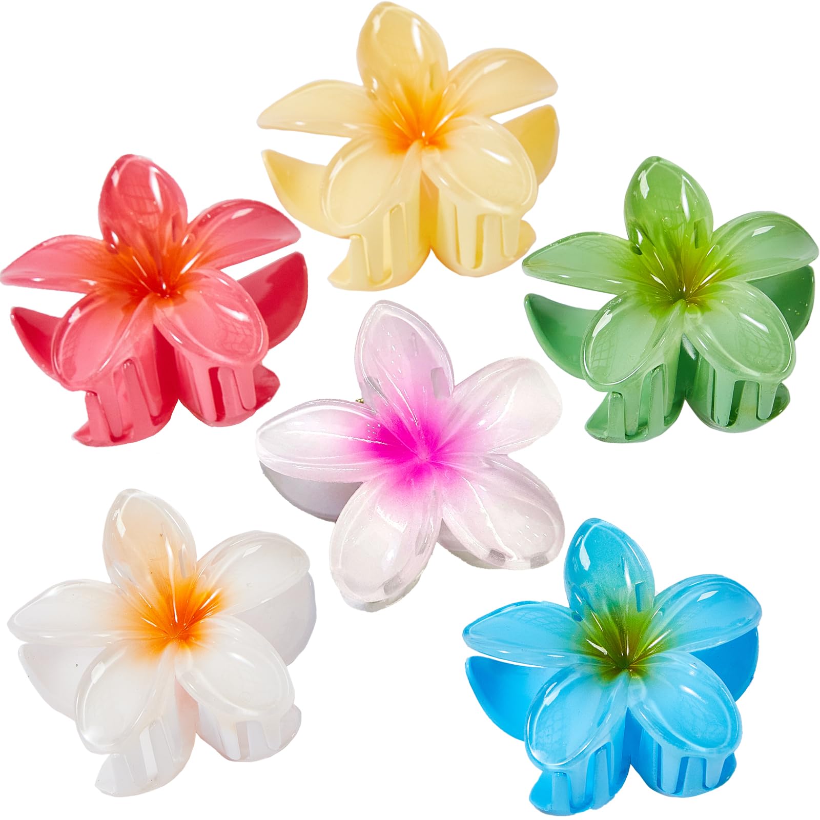 Flower Hair Claw Clips for Women, 6 Pack Hawaiian Flower Hair Clips, Plumeria Claw Clips for Thick Thin Hair, Large Strong Hold Nonslip Hawai Hair
