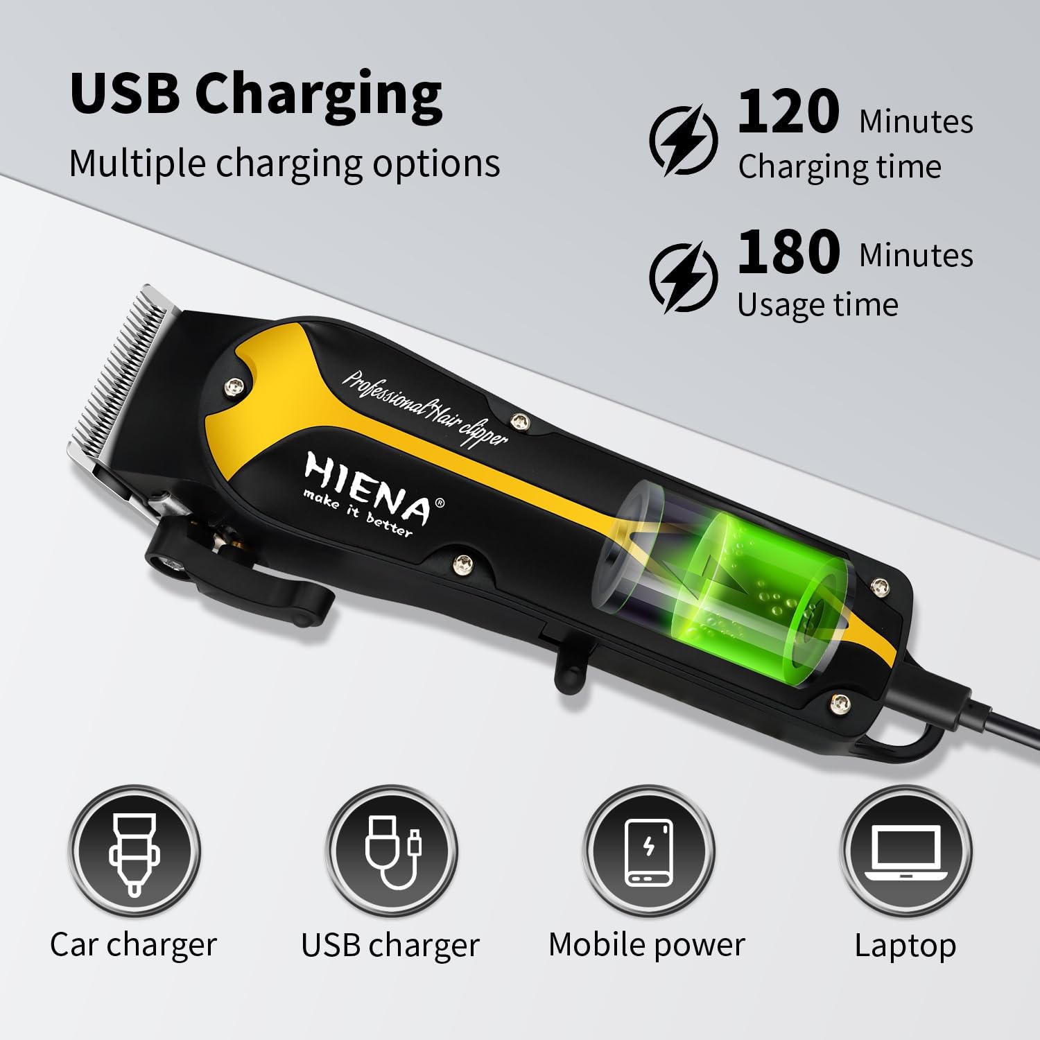 Hair clipper connected to a USB charging cable, illustrating various charging options