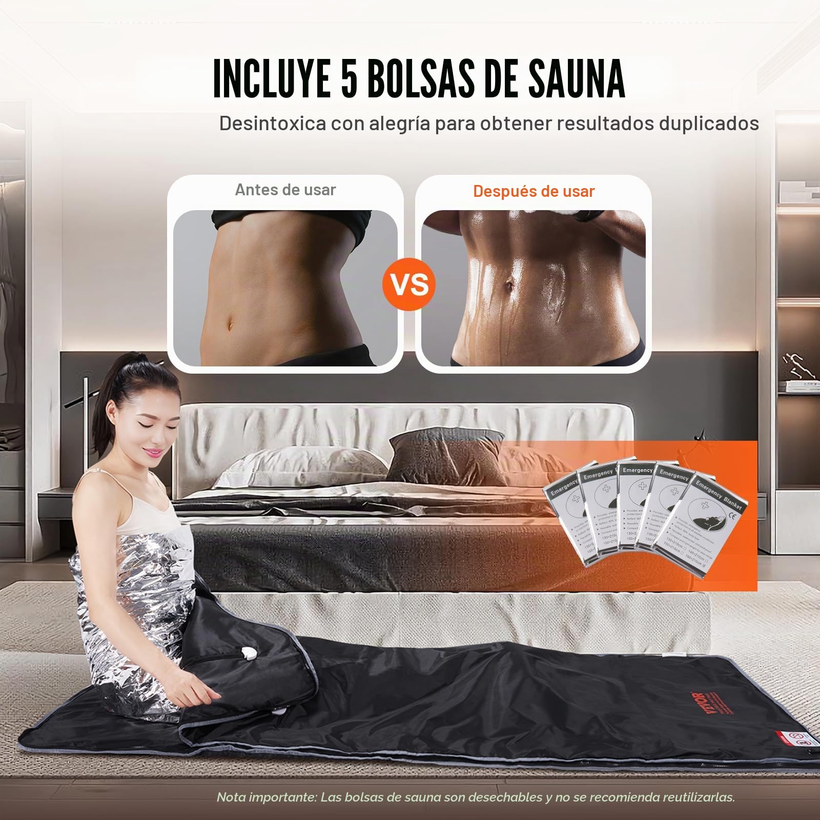 VEVOR Manta de Sauna de Infrarrojos Lejanos 180x80 cm Tela Oxford Temperatura Ajustable 1-6 Niveles 45-80 °C Temporizador de 1-60 min con Orificios para Brazos Bolsas de Sauna para Relajación en Hogar