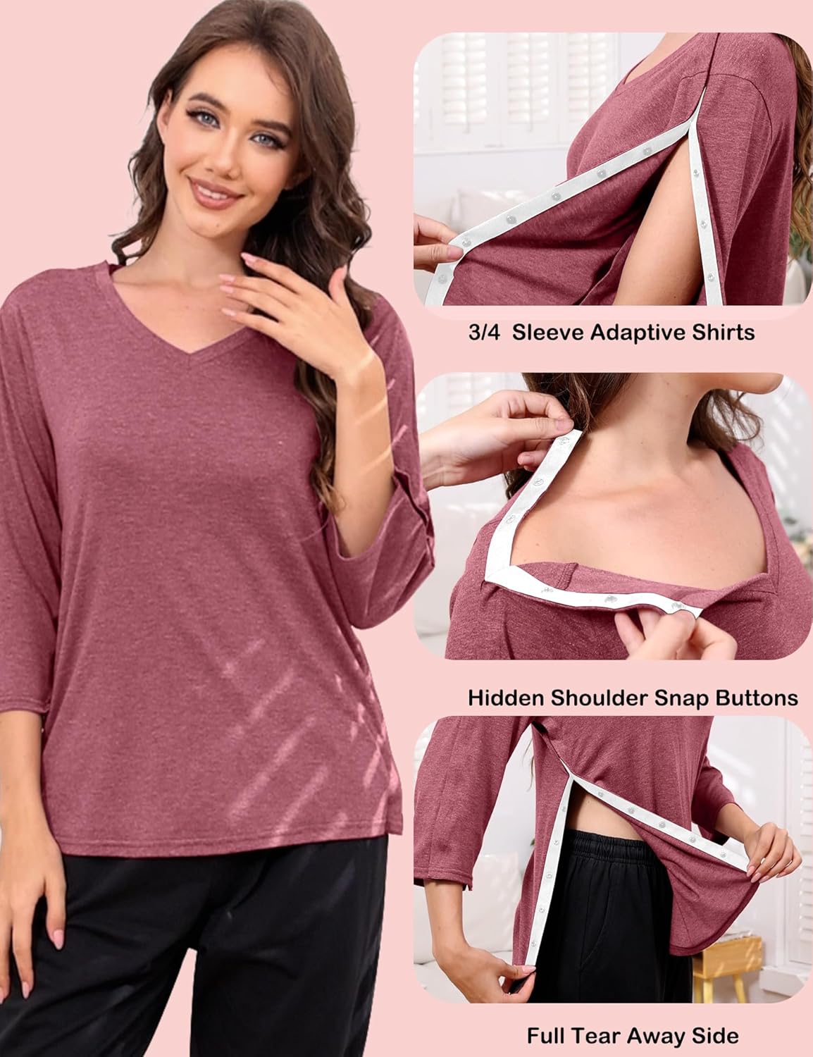 Post Shoulder Surgery Shirts for Women Tear Away 3/4 Sleeve Full Open Side Snap Dialysis Chemo Adaptive Clothing - Image 4