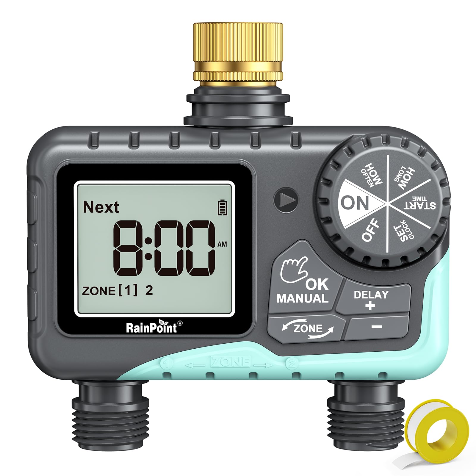 RAINPOINT Sprinkler Timer 2 Outlet, Water Timer for Garden Hose, for Yard Outdoor Watering, Rain Delay/Manual/Automatic System Controller Brass Inlet, V2