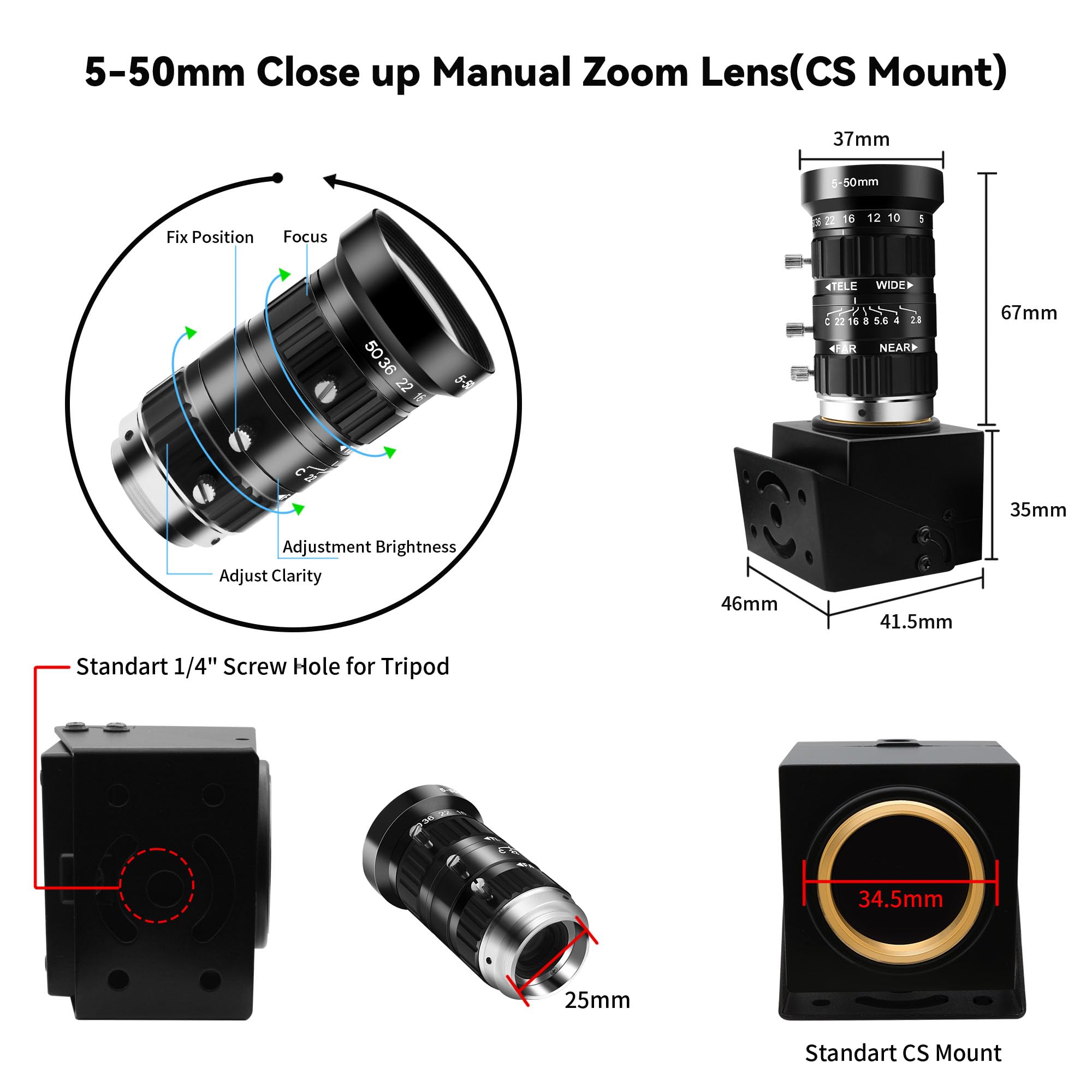 ELP Cámara web USB de 48 MP 8K Ultra HD a color con objetivo óptico manual de 10 aumentos, 6000P, cámara de vídeo industrial de seguridad, primer plano, ampliación y reducción, Plug Play para Windows